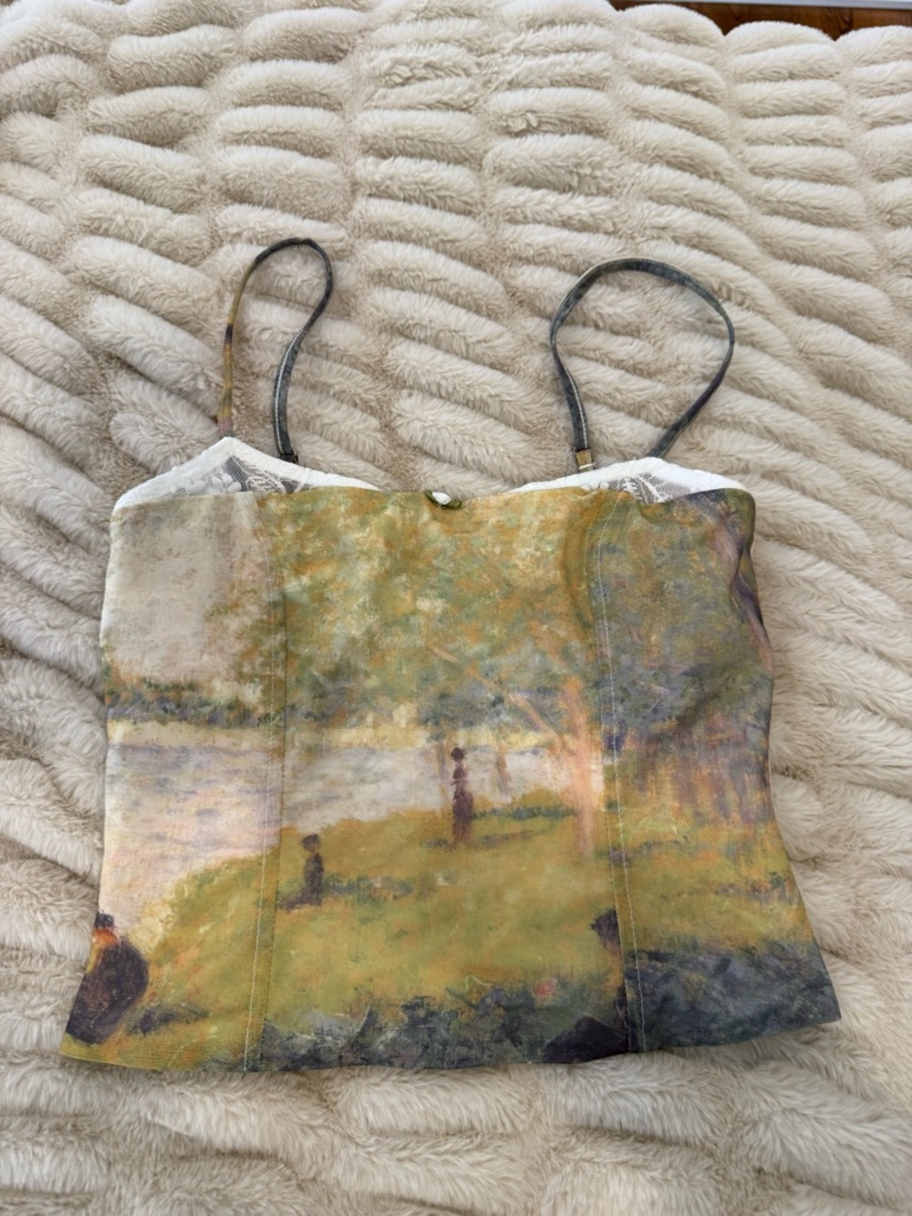 Edikted Painterly Green Landscape Satin Cami with Lace Trim